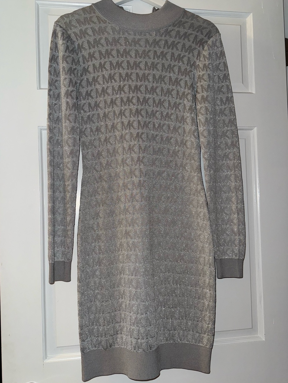 Michael Kors Silver Gray MK Logo Knit Turtleneck Sweater Dress
